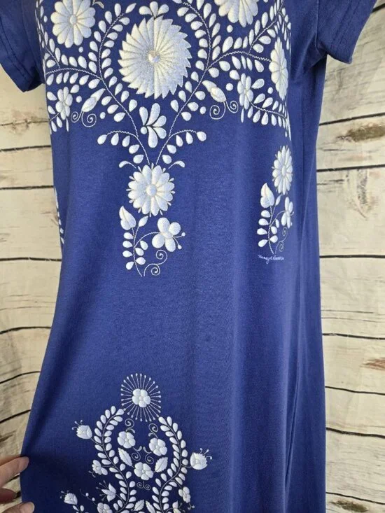 Sabaku Blue Floral Graphic Knit Dress M Fit & Flare Midi 100% Cotton Artsy - Picture 4 of 6